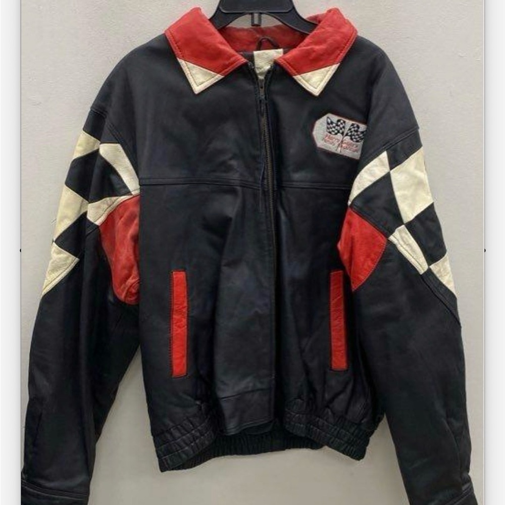 VTG Burk's Bay Racing Leather Jacket Checkered Flag Black Red White Moto - XL